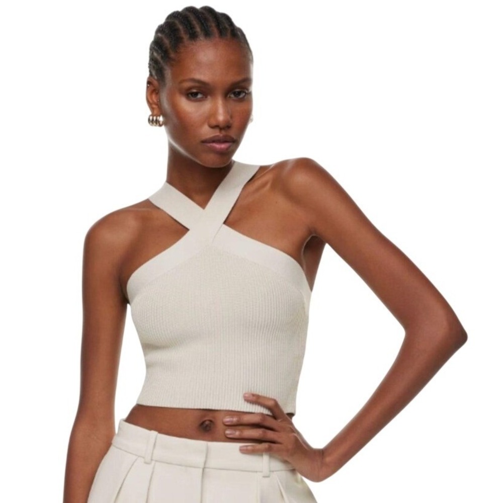 Babaton Aritzia Sculpt Knit Criss Cross Halter Top Beige Birch Ribbed Tank XS